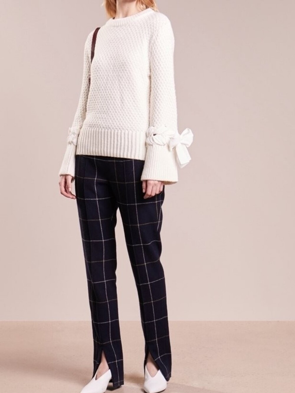 Club Monaco Cream Knit Sweater with Tie-Sleeve Detail